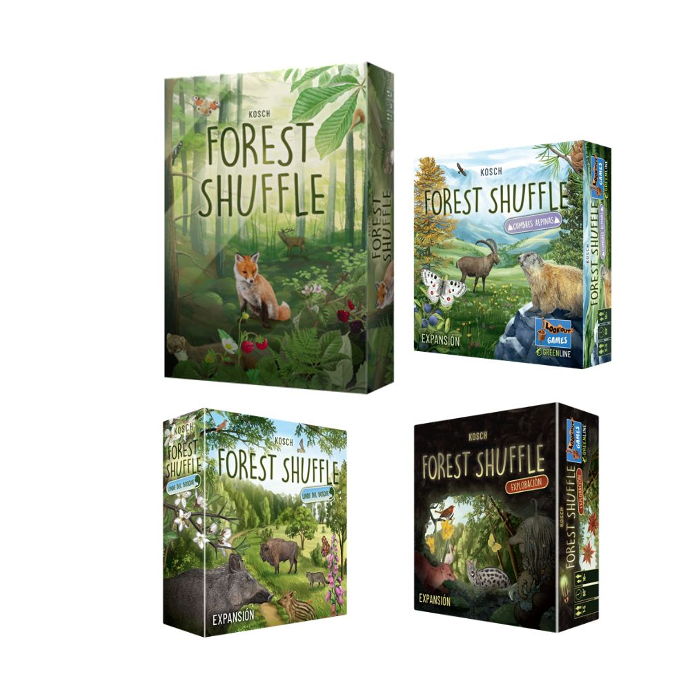 Pack completo: FOREST SHUFFLE : Juego Base + LINDE DEL BOSQUE + EXPLORACIÓN + CUMBRES ALPINAS